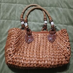 Brown Handbag Lined 100% Beautiful Straw Woven Wooden Beads Shells On Handles